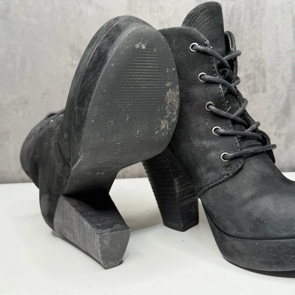 Rag & Bone Raspy Platform Ankle Boots Womens 7.5 Black Lace Up Chunky Heel Edgy